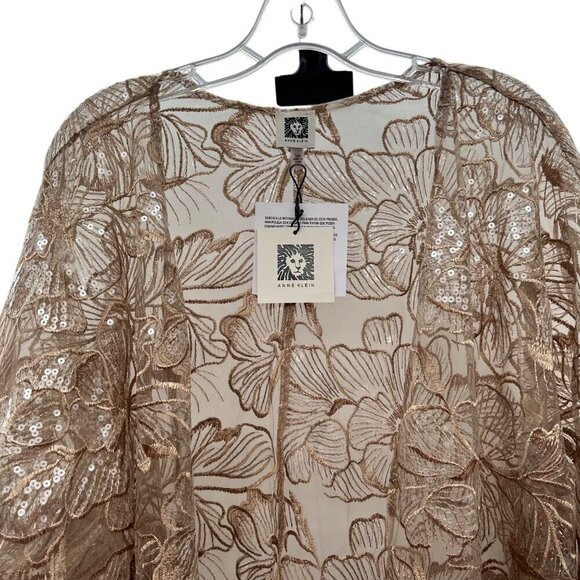 Anne Klein Women's Sheer Floral Sequined Open Front Top Latte Size S/M New - Picture 2 of 9